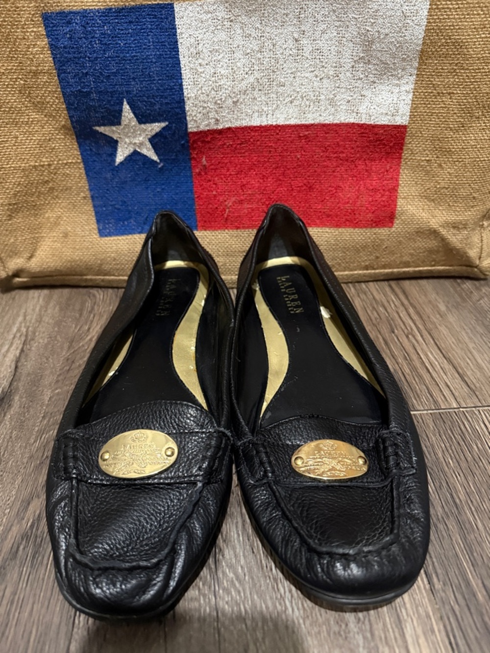 Ralph Lauren Black Leather Loafers with Gold Logo Plaques